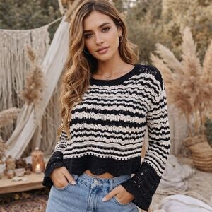 Devoted Black White Crochet Knit Sweater Boho Chic Scallop Hem Bell Sleeve